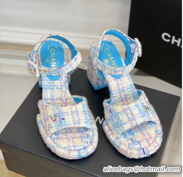 Shop Cheap Chanel Tweed Heel Sandals Blue 525065