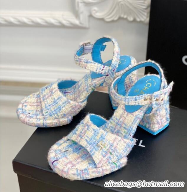 Shop Cheap Chanel Tweed Heel Sandals Blue 525065