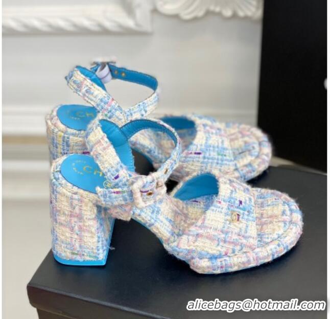 Shop Cheap Chanel Tweed Heel Sandals Blue 525065