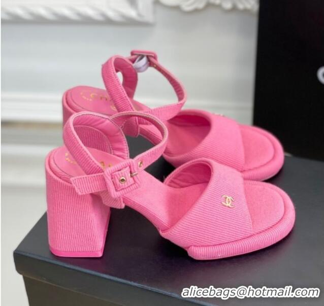 Luxury Chanel Fabric Heel Sandals Pink 525066