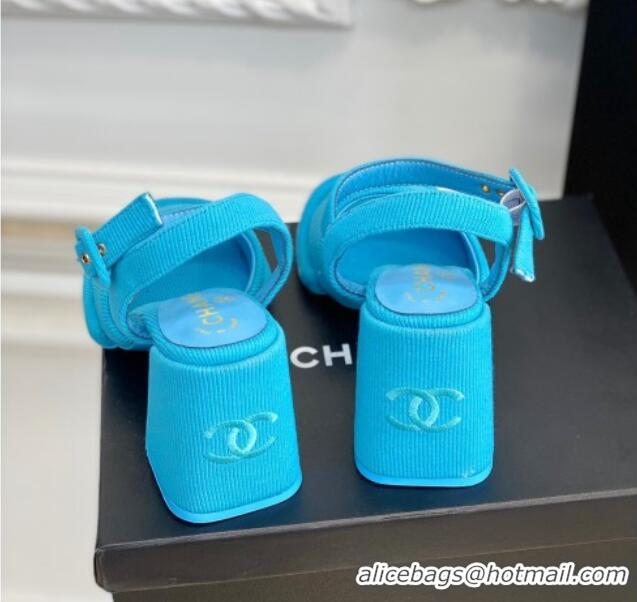 Purchase Chanel Fabric Heel Sandals Blue 525067