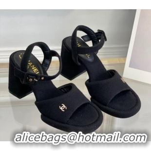 Grade Quality Chanel Fabric Heel Sandals Black 525068