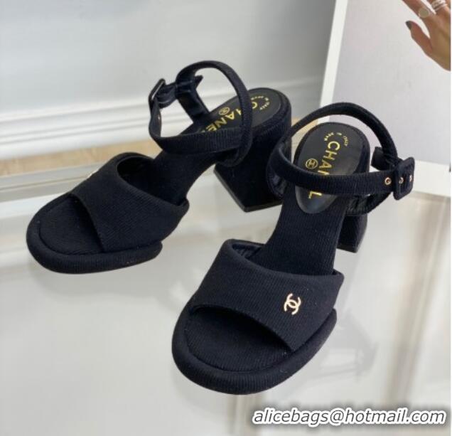 Grade Quality Chanel Fabric Heel Sandals Black 525068