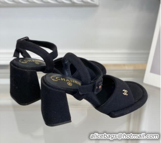 Grade Quality Chanel Fabric Heel Sandals Black 525068