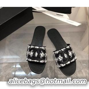 Low Price Chanel CC Tweed Flat Slide Sandals Black 525069