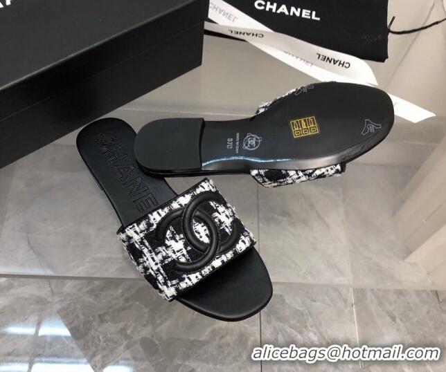 Low Price Chanel CC Tweed Flat Slide Sandals Black 525069