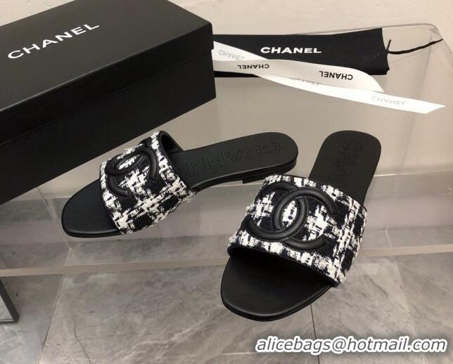 Low Price Chanel CC Tweed Flat Slide Sandals Black 525069