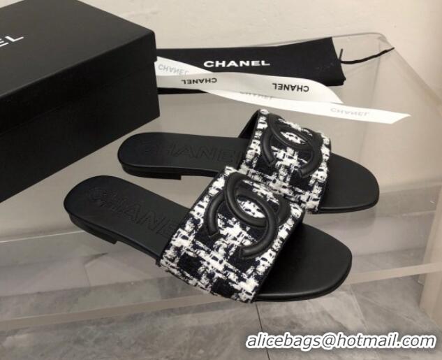 Low Price Chanel CC Tweed Flat Slide Sandals Black 525069