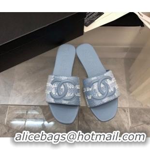 Luxurious Chanel CC Tweed Flat Slide Sandals Blue 525070