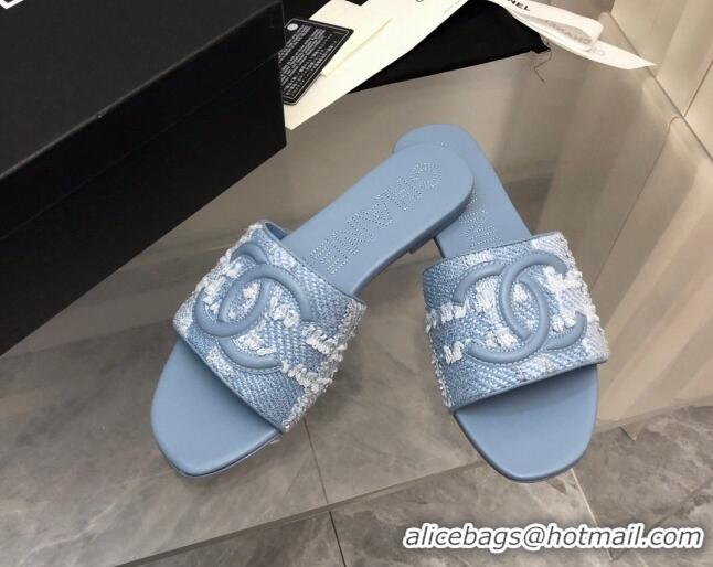 Luxurious Chanel CC Tweed Flat Slide Sandals Blue 525070