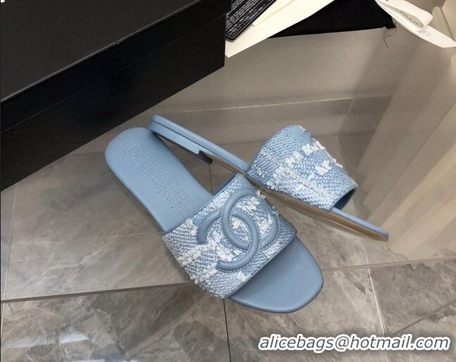 Luxurious Chanel CC Tweed Flat Slide Sandals Blue 525070