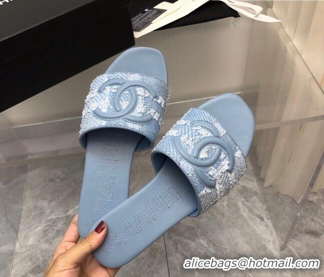 Luxurious Chanel CC Tweed Flat Slide Sandals Blue 525070