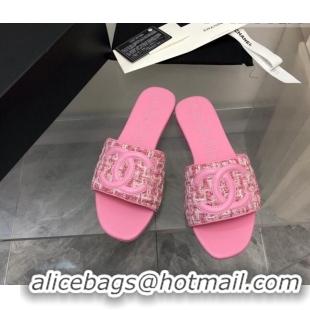 Top Grade Chanel CC Tweed Flat Slide Sandals Pink 525071