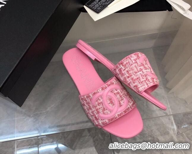 Top Grade Chanel CC Tweed Flat Slide Sandals Pink 525071