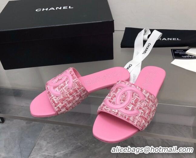 Top Grade Chanel CC Tweed Flat Slide Sandals Pink 525071