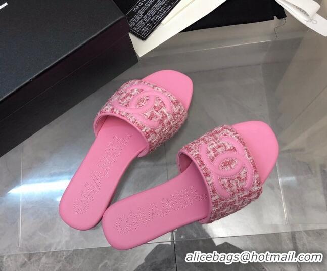 Top Grade Chanel CC Tweed Flat Slide Sandals Pink 525071