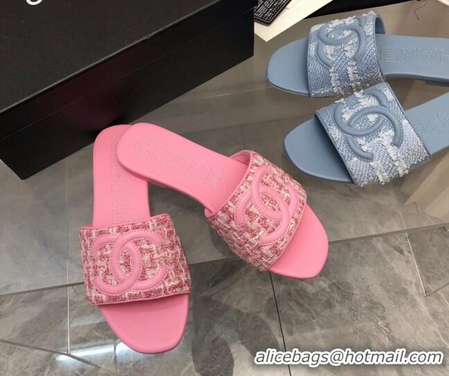 Top Grade Chanel CC Tweed Flat Slide Sandals Pink 525071