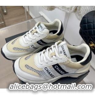 Pretty Style Chanel Calfskin and Mesh Sneakers with CHANEL Band Beige/White 525077