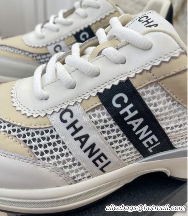 Pretty Style Chanel Calfskin and Mesh Sneakers with CHANEL Band Beige/White 525077