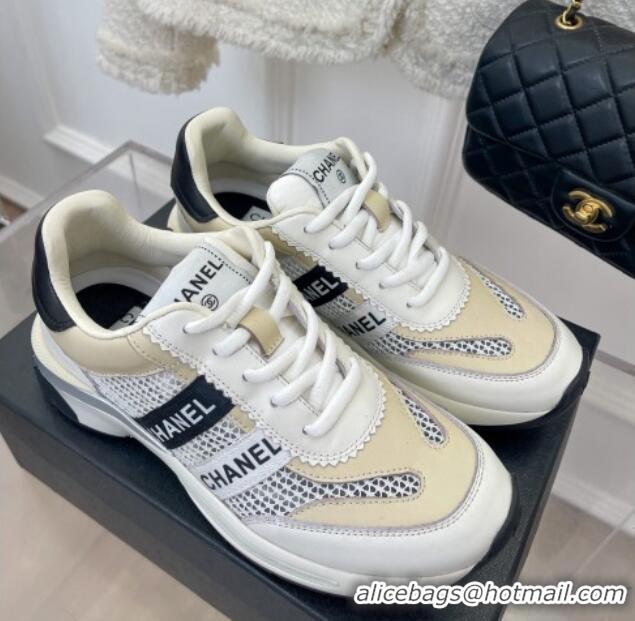 Pretty Style Chanel Calfskin and Mesh Sneakers with CHANEL Band Beige/White 525077