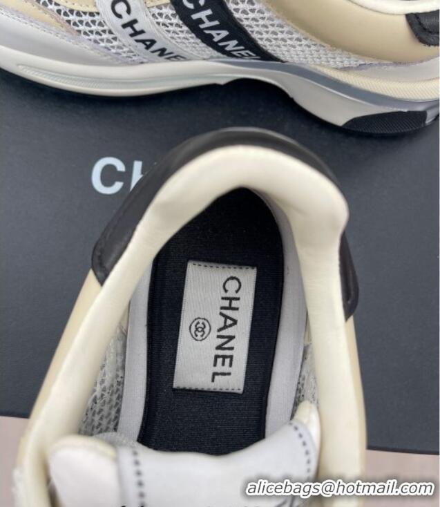 Pretty Style Chanel Calfskin and Mesh Sneakers with CHANEL Band Beige/White 525077