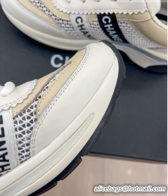 Pretty Style Chanel Calfskin and Mesh Sneakers with CHANEL Band Beige/White 525077