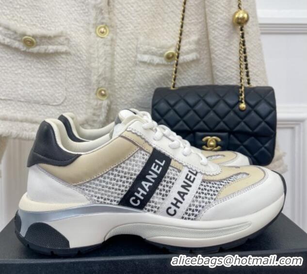 Pretty Style Chanel Calfskin and Mesh Sneakers with CHANEL Band Beige/White 525077