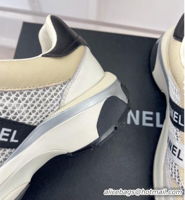 Pretty Style Chanel Calfskin and Mesh Sneakers with CHANEL Band Beige/White 525077