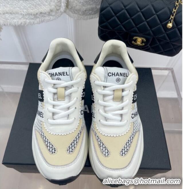 Pretty Style Chanel Calfskin and Mesh Sneakers with CHANEL Band Beige/White 525077