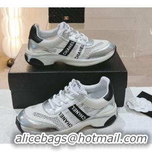 Shop Duplicate Chanel Calfskin and Mesh Sneakers with CHANEL Band Silver/Beige 525078