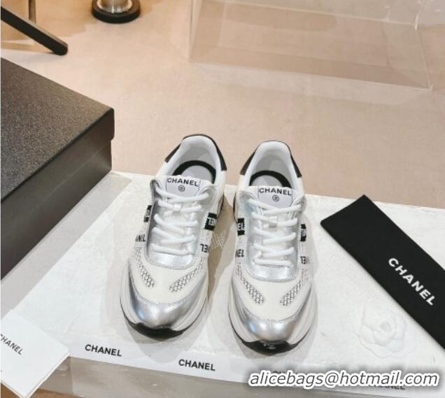 Shop Duplicate Chanel Calfskin and Mesh Sneakers with CHANEL Band Silver/Beige 525078