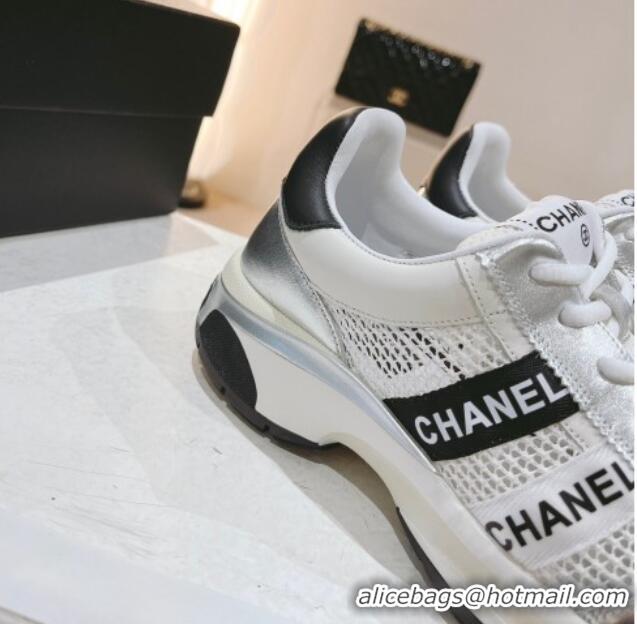 Shop Duplicate Chanel Calfskin and Mesh Sneakers with CHANEL Band Silver/Beige 525078