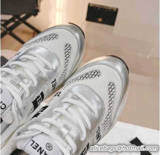 Shop Duplicate Chanel Calfskin and Mesh Sneakers with CHANEL Band Silver/Beige 525078