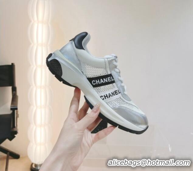 Shop Duplicate Chanel Calfskin and Mesh Sneakers with CHANEL Band Silver/Beige 525078