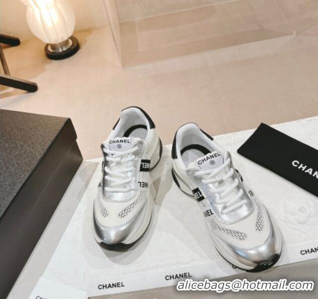 Shop Duplicate Chanel Calfskin and Mesh Sneakers with CHANEL Band Silver/Beige 525078