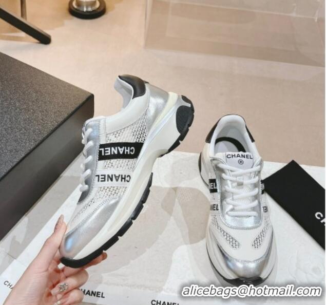 Shop Duplicate Chanel Calfskin and Mesh Sneakers with CHANEL Band Silver/Beige 525078