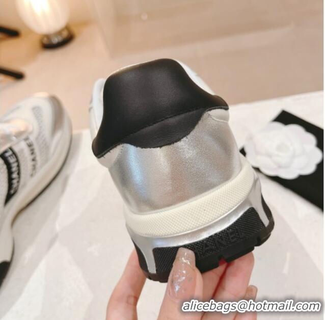 Shop Duplicate Chanel Calfskin and Mesh Sneakers with CHANEL Band Silver/Beige 525078