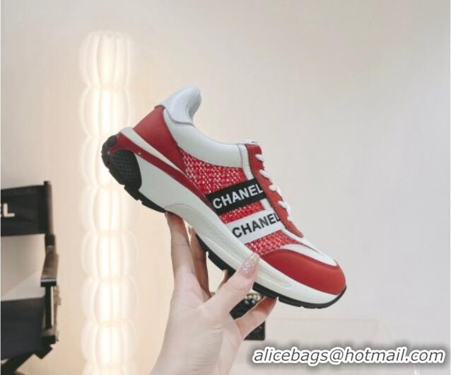 Top Grade Chanel Calfskin and Mesh Sneakers with CHANEL Band Red 525082