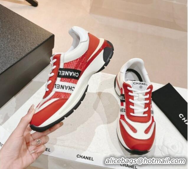 Top Grade Chanel Calfskin and Mesh Sneakers with CHANEL Band Red 525082