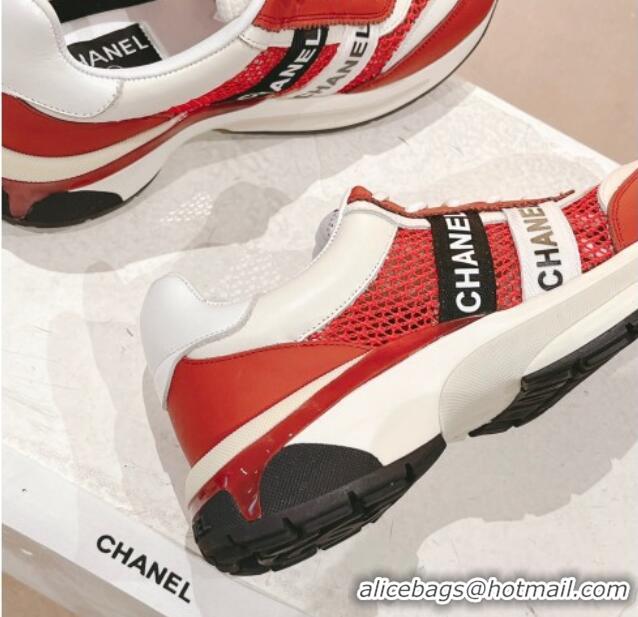 Top Grade Chanel Calfskin and Mesh Sneakers with CHANEL Band Red 525082