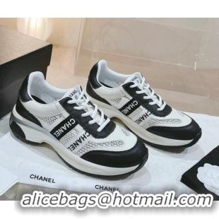 Sophisticated Chanel Calfskin and Mesh Sneakers with CHANEL Band Black/White 525083