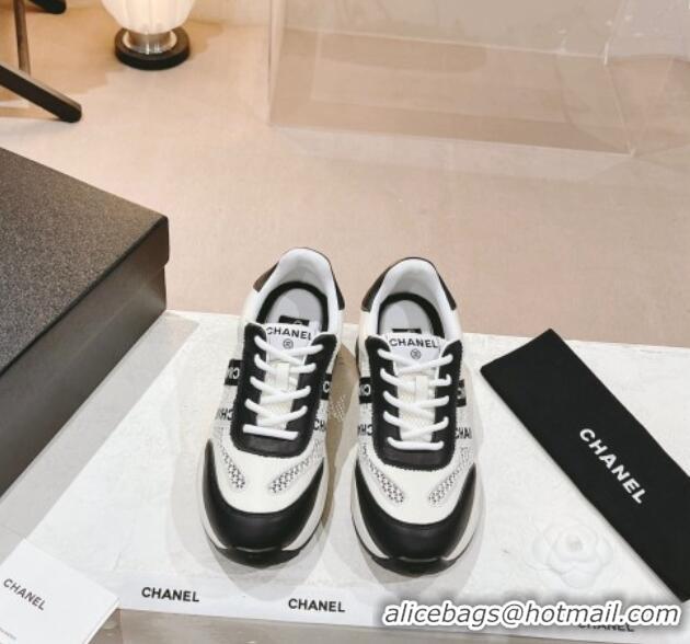 Sophisticated Chanel Calfskin and Mesh Sneakers with CHANEL Band Black/White 525083