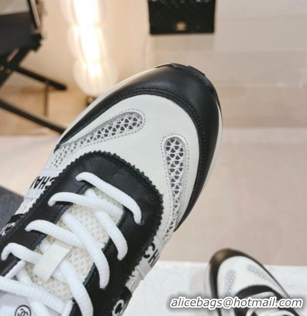 Sophisticated Chanel Calfskin and Mesh Sneakers with CHANEL Band Black/White 525083