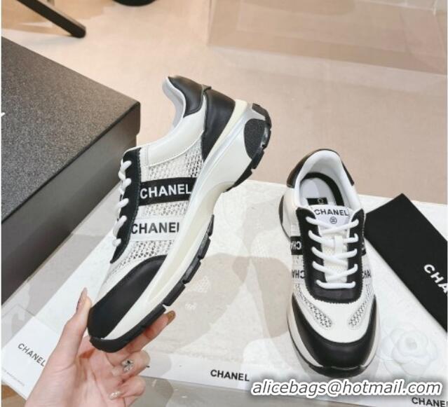 Sophisticated Chanel Calfskin and Mesh Sneakers with CHANEL Band Black/White 525083