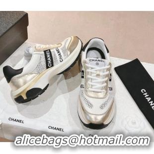 Sumptuous Chanel Calfskin and Mesh Sneakers with CHANEL Band Gold/White 525084