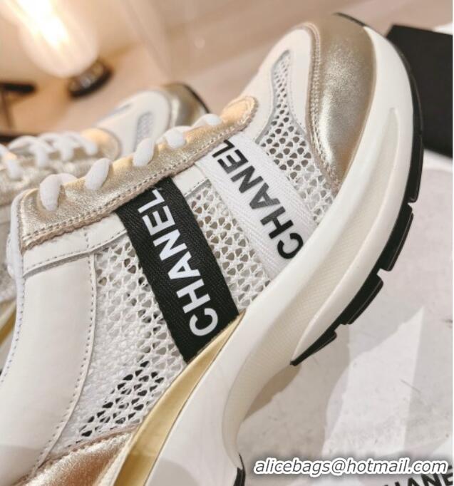 Sumptuous Chanel Calfskin and Mesh Sneakers with CHANEL Band Gold/White 525084