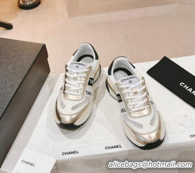 Sumptuous Chanel Calfskin and Mesh Sneakers with CHANEL Band Gold/White 525084