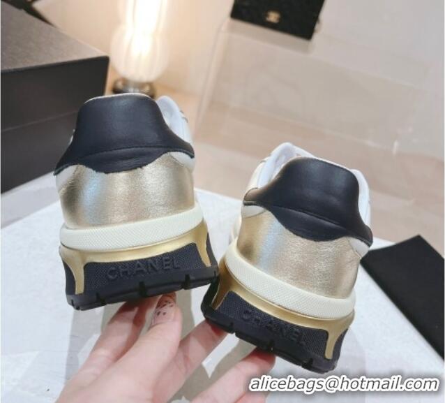 Sumptuous Chanel Calfskin and Mesh Sneakers with CHANEL Band Gold/White 525084