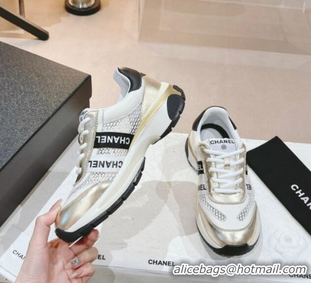 Sumptuous Chanel Calfskin and Mesh Sneakers with CHANEL Band Gold/White 525084