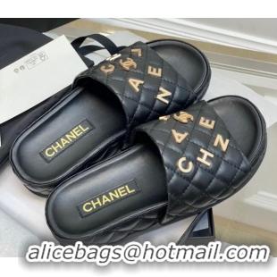 Durable Chanel Quilted Lambskin Platform Slide Sandals with CHANEL Letters Black 525088